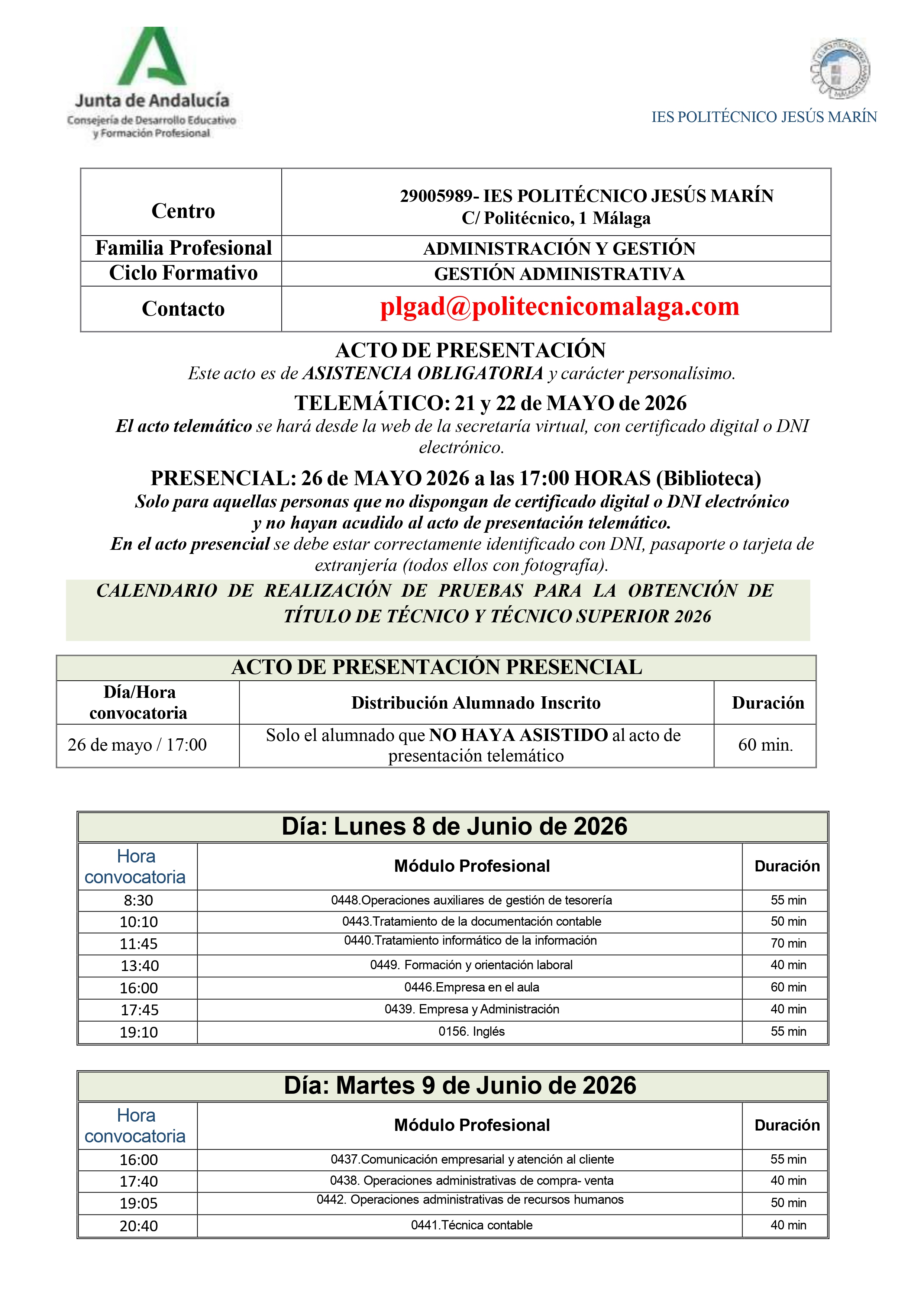 Imagen de la noticia: Convocatoria para las pruebas de obtención del título CFGM Gestión administrativa IES Politécnico Jesús Marín [Actualizado]